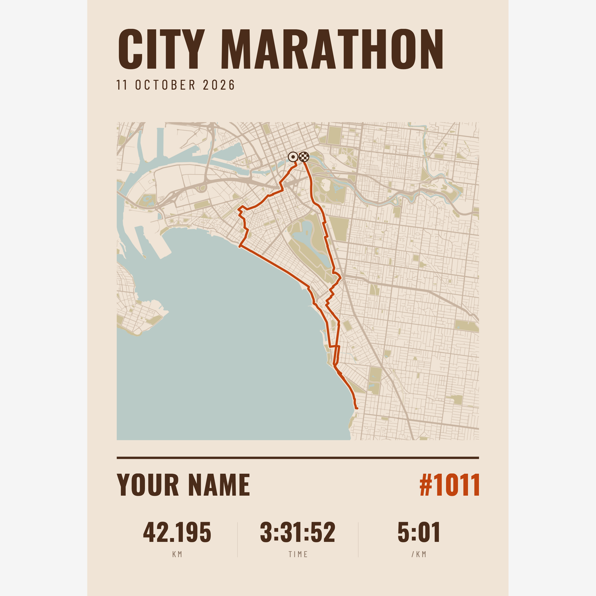 A city marathon race map poster with the course on a street map and the runner's distance, time and pace beneath it