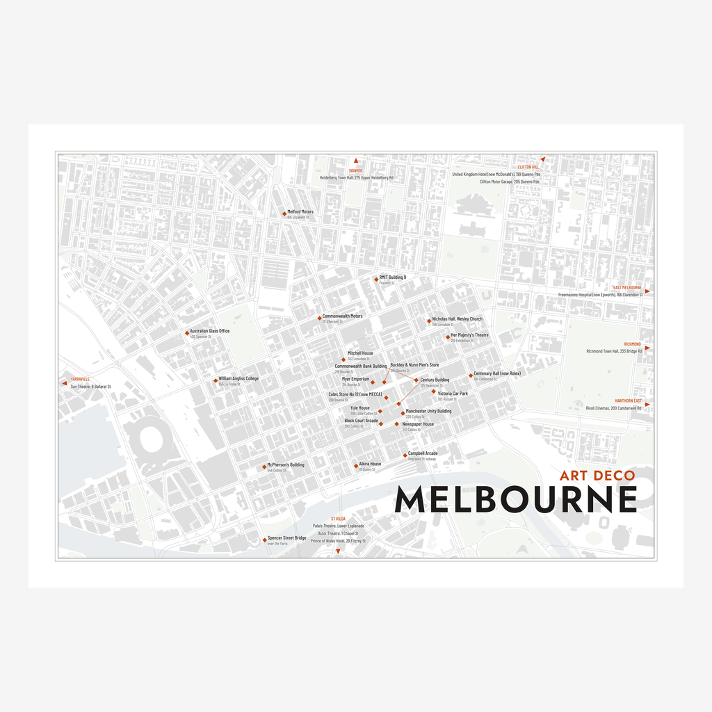 Art Deco Melbourne Map poster in Chalk