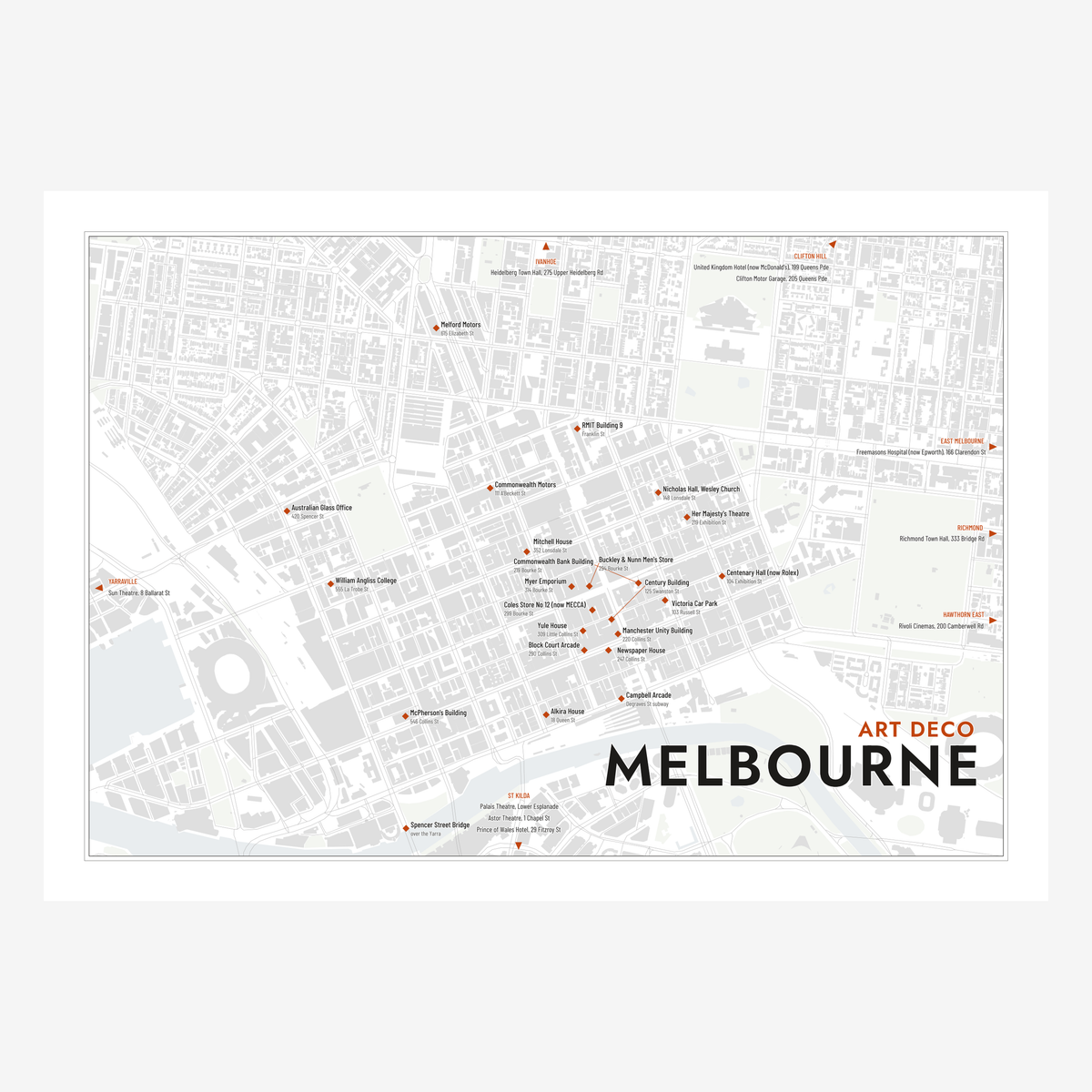 Art Deco Melbourne Map poster in Chalk