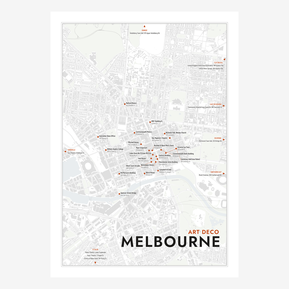 Art Deco Melbourne Map poster in Chalk, portrait