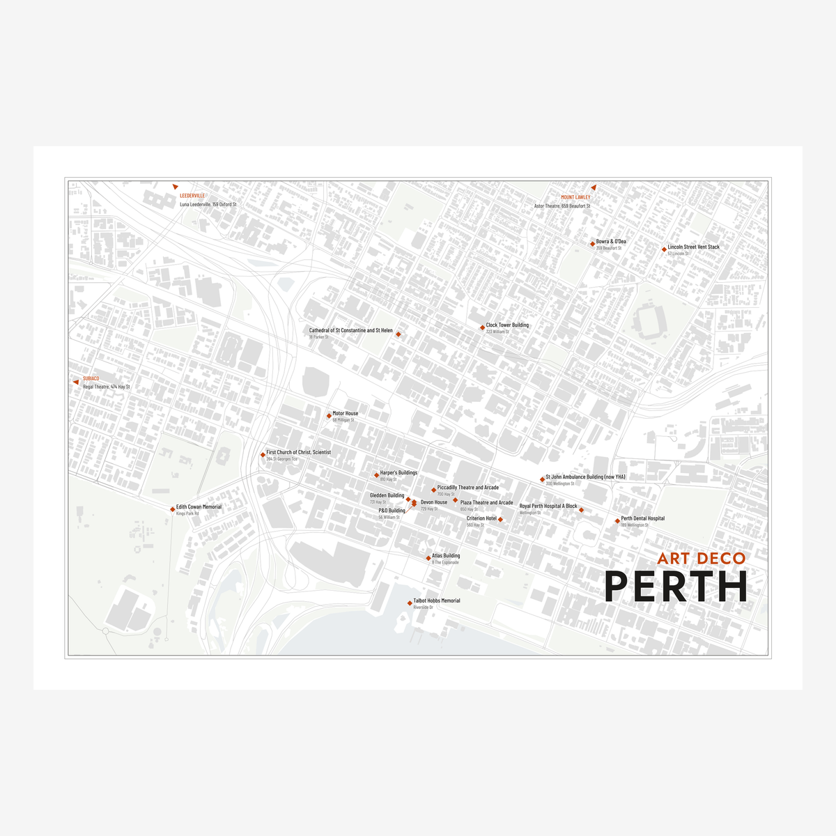 Art Deco Perth Map poster in Chalk
