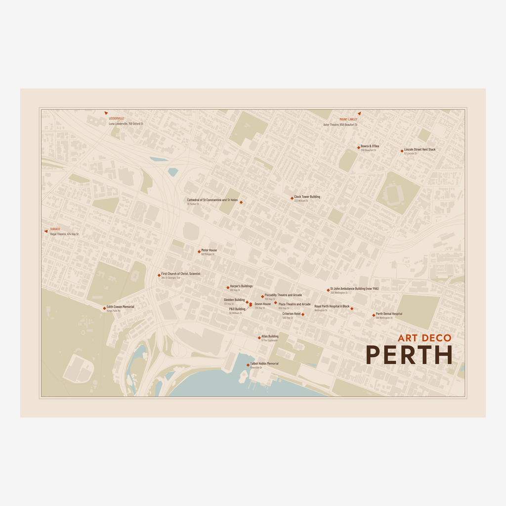 Art Deco Perth Map poster in Terracotta