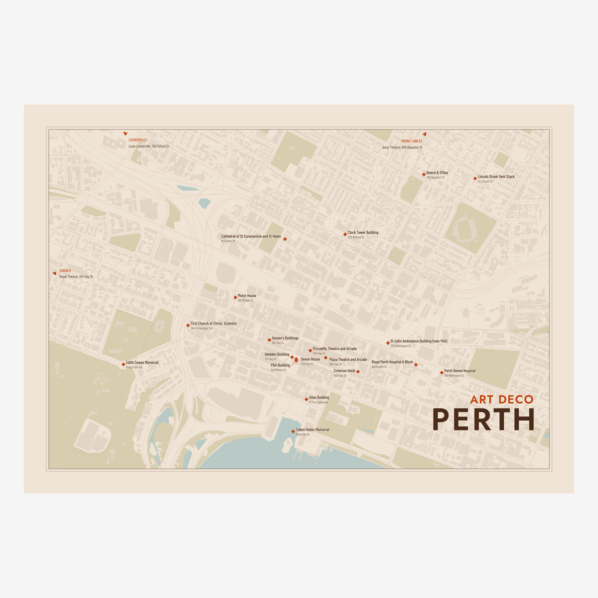 Art Deco Perth Map poster in Terracotta