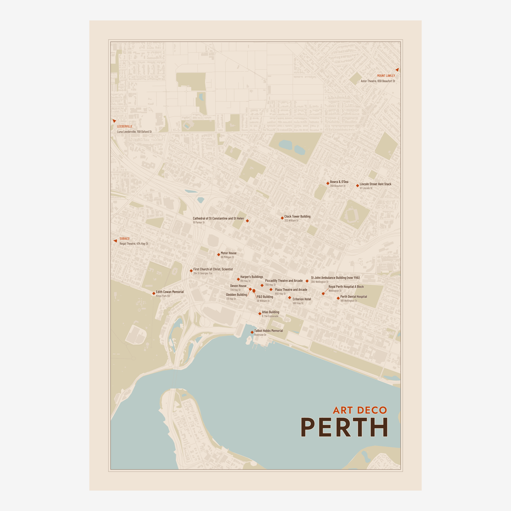 Art Deco Perth Map poster in Terracotta, portrait
