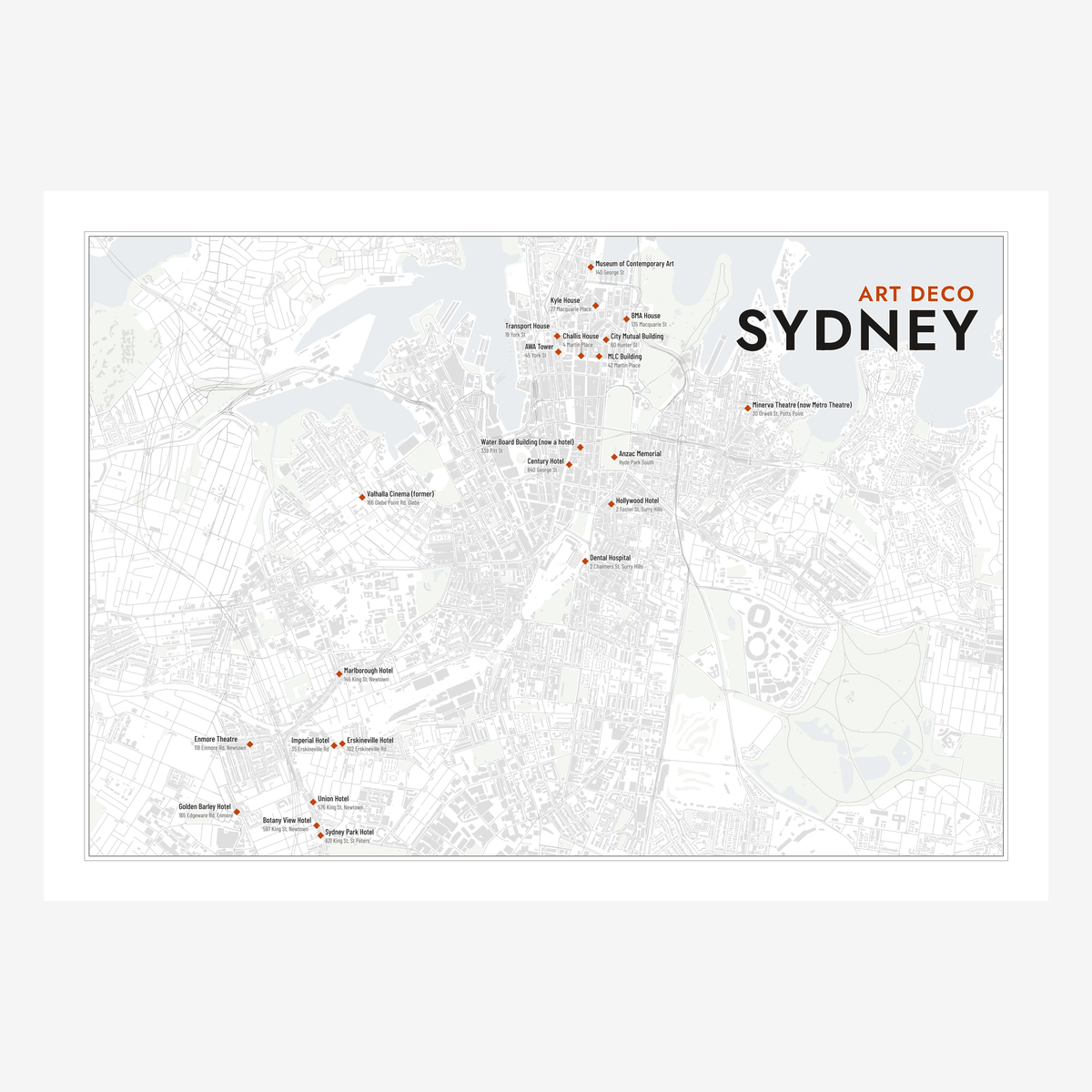 Art Deco Sydney Map poster in Chalk