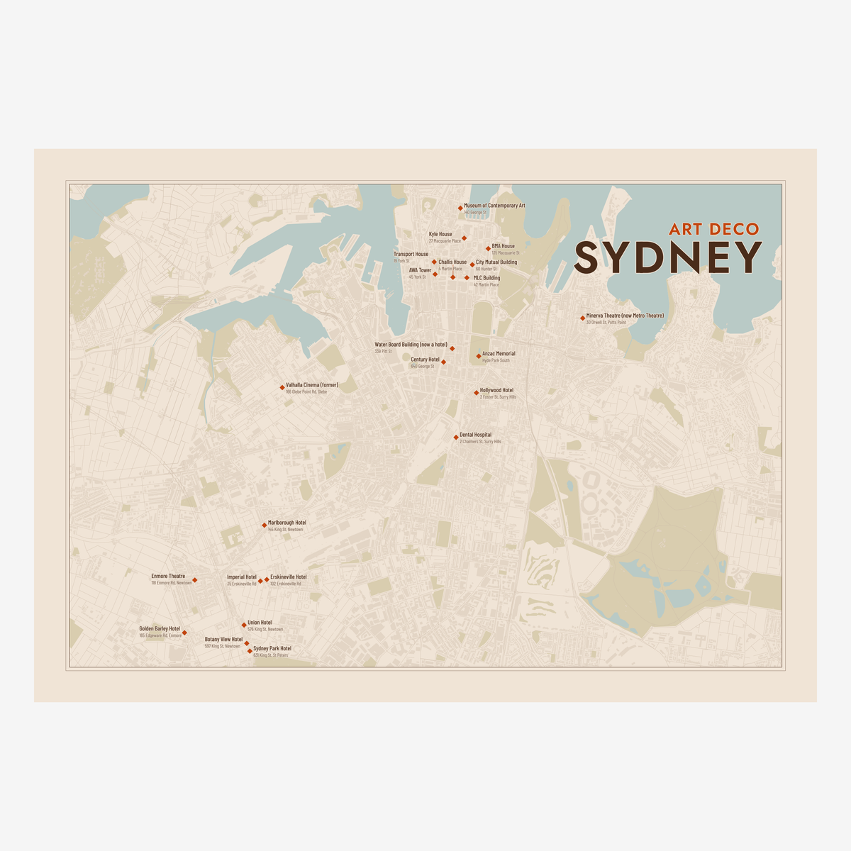 Art Deco Sydney Map poster in Terracotta