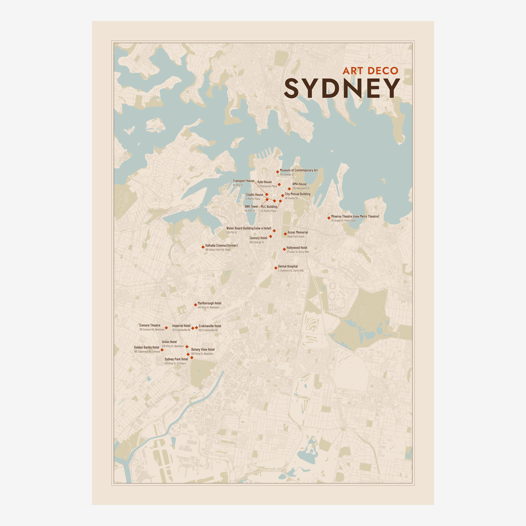 Art Deco Sydney Map poster in Terracotta, portrait