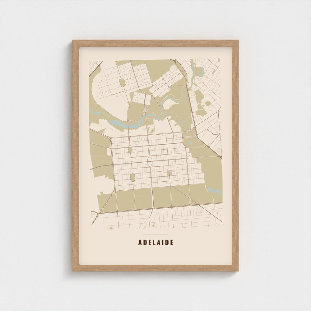Adelaide City Map poster in a natural wood frame