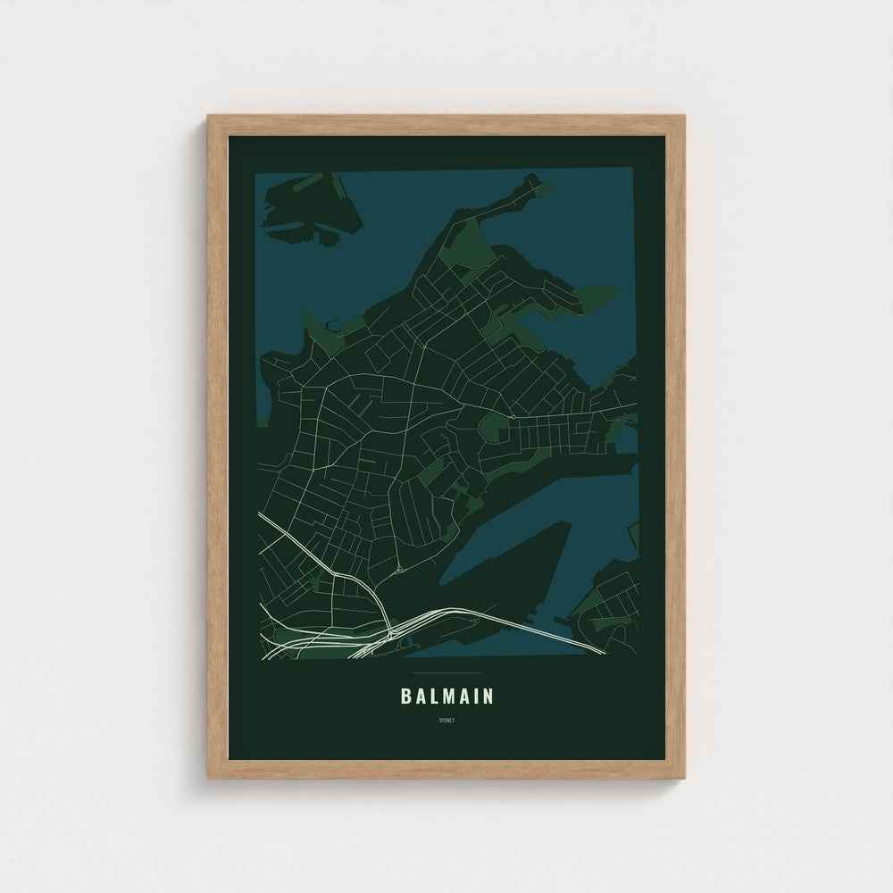 Balmain Map poster in a natural wood frame