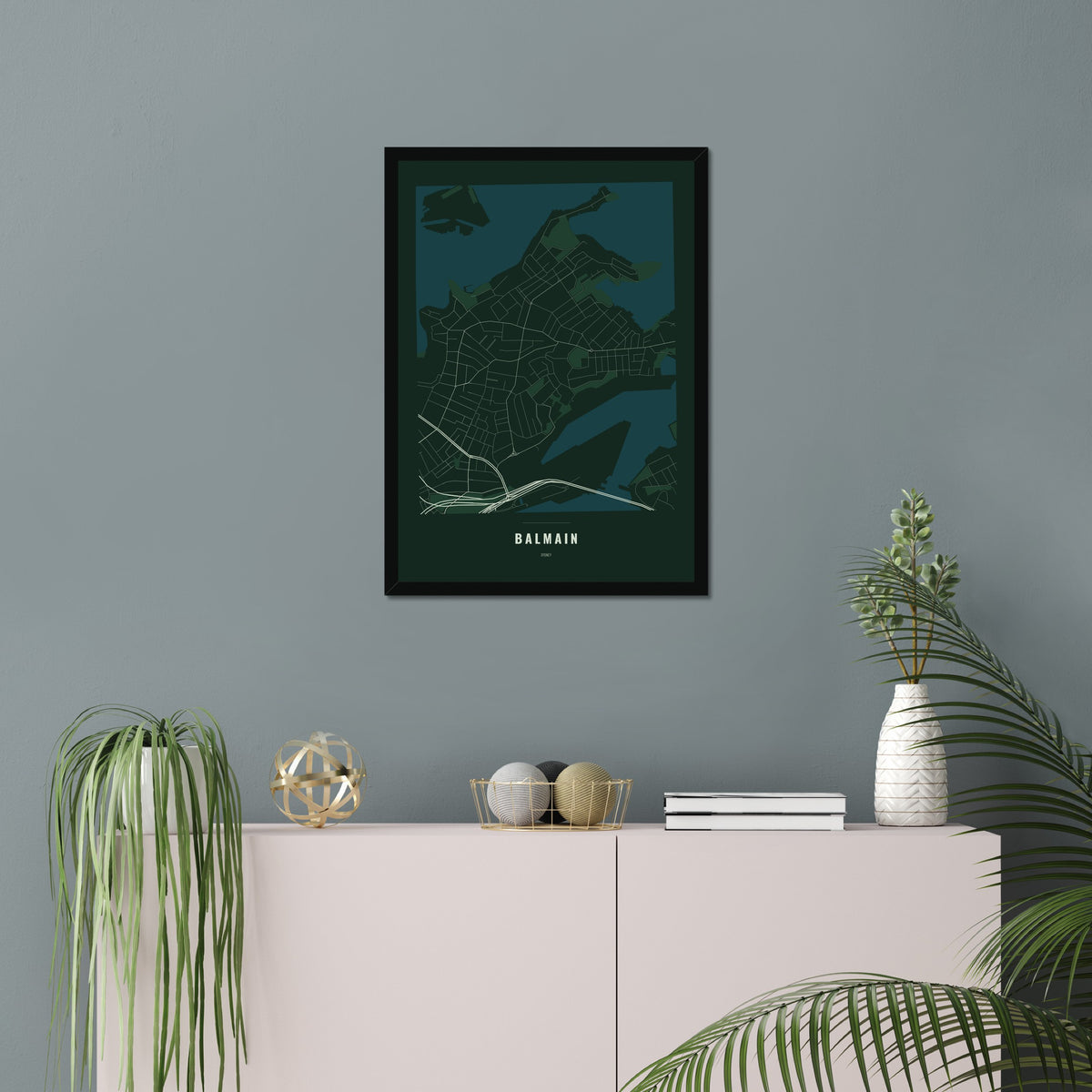 Balmain Map poster in a black frame in a living room