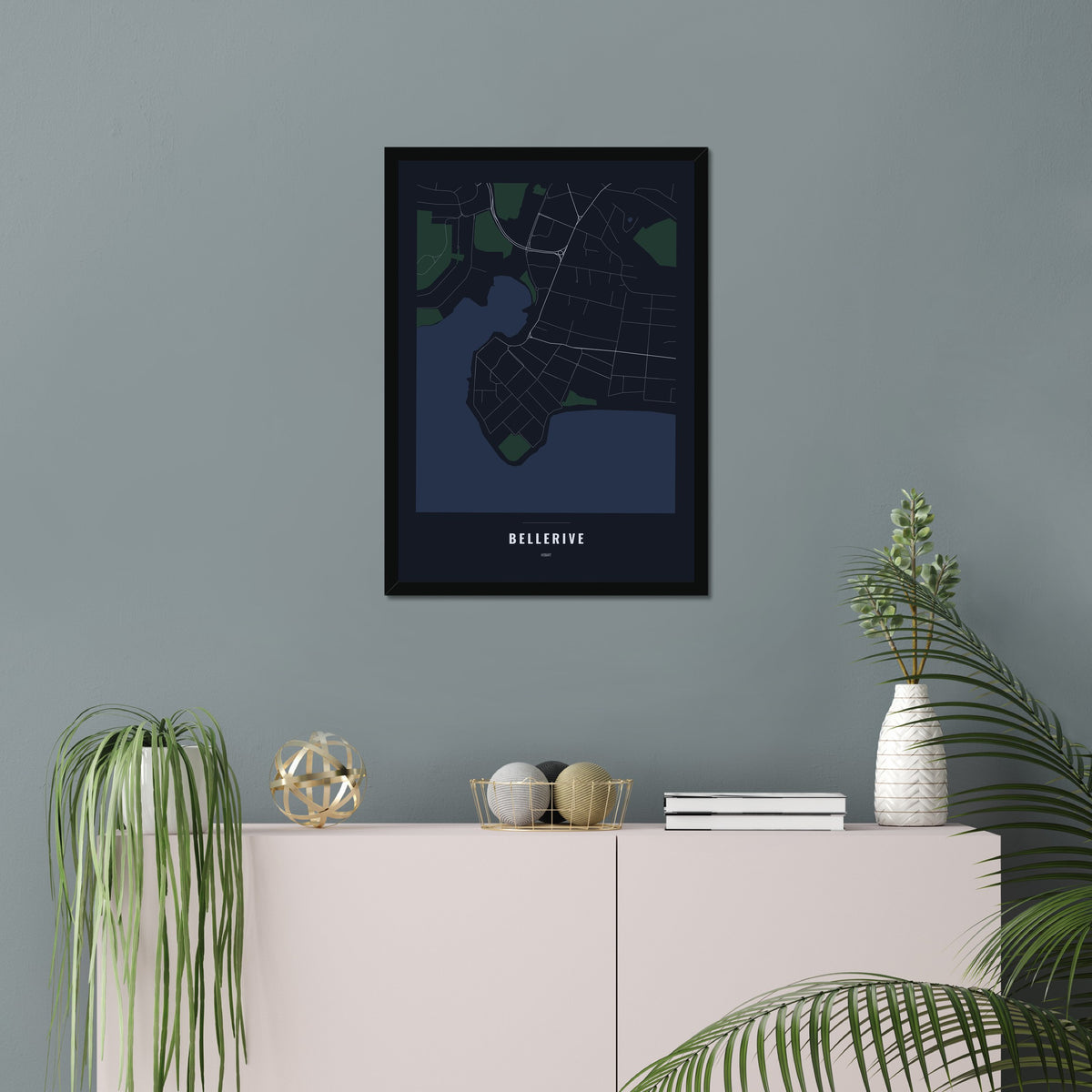 Bellerive Map poster in a black frame in a living room