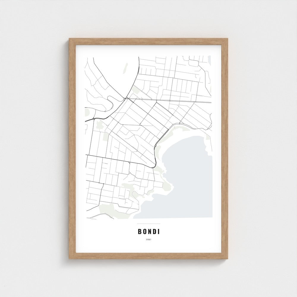 Bondi Map poster in a natural wood frame