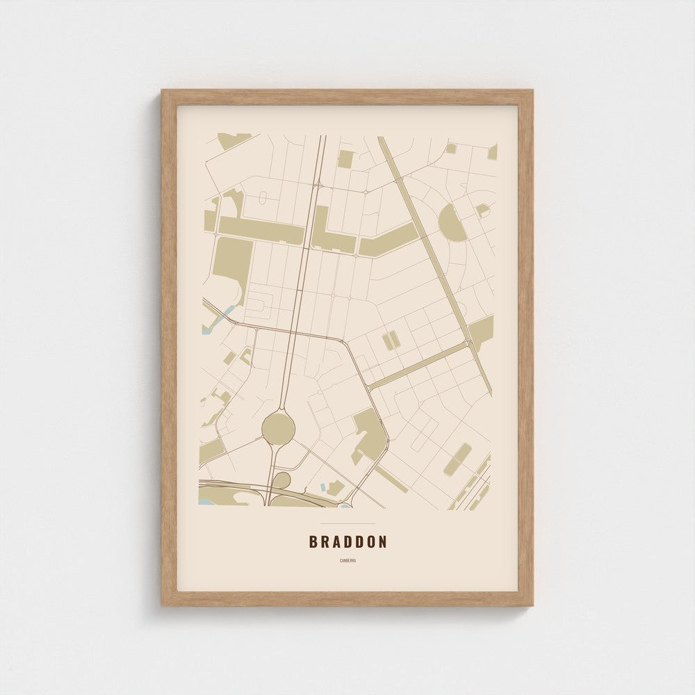 Braddon Map poster in a natural wood frame