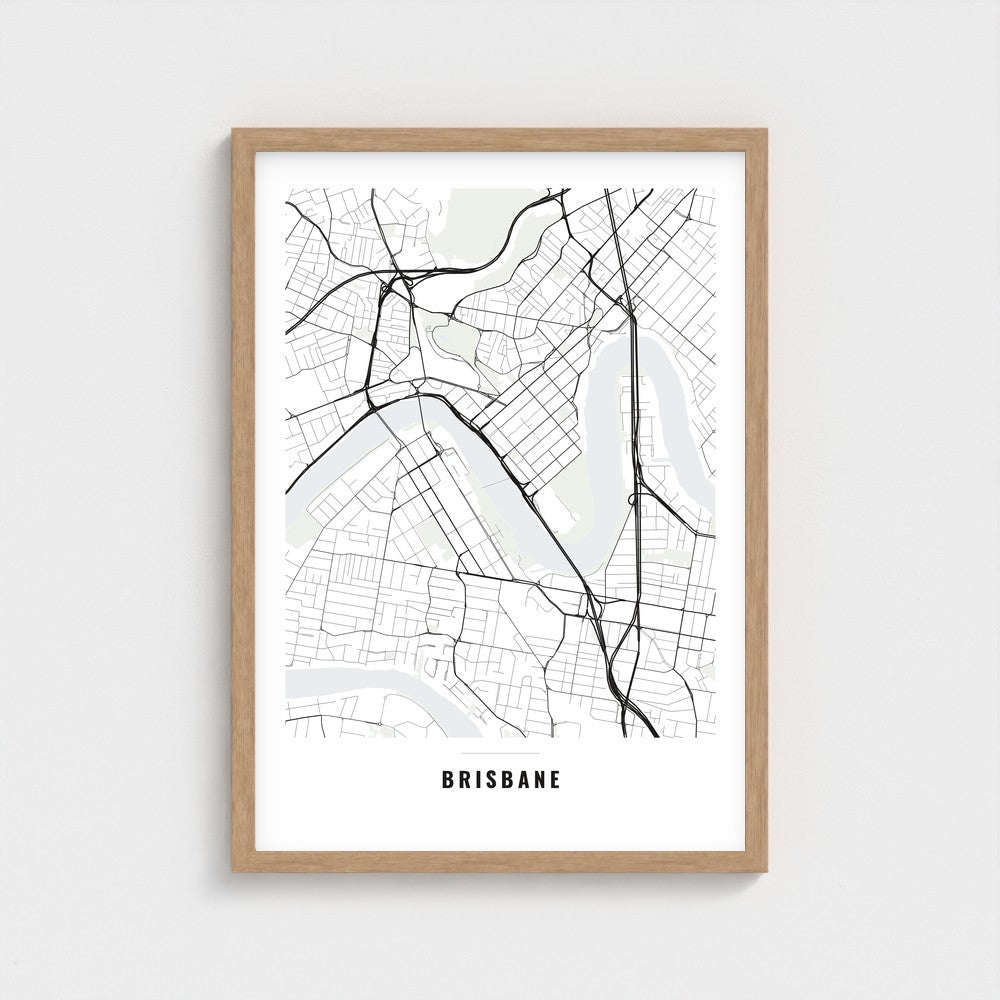 Brisbane City Map poster in a natural wood frame