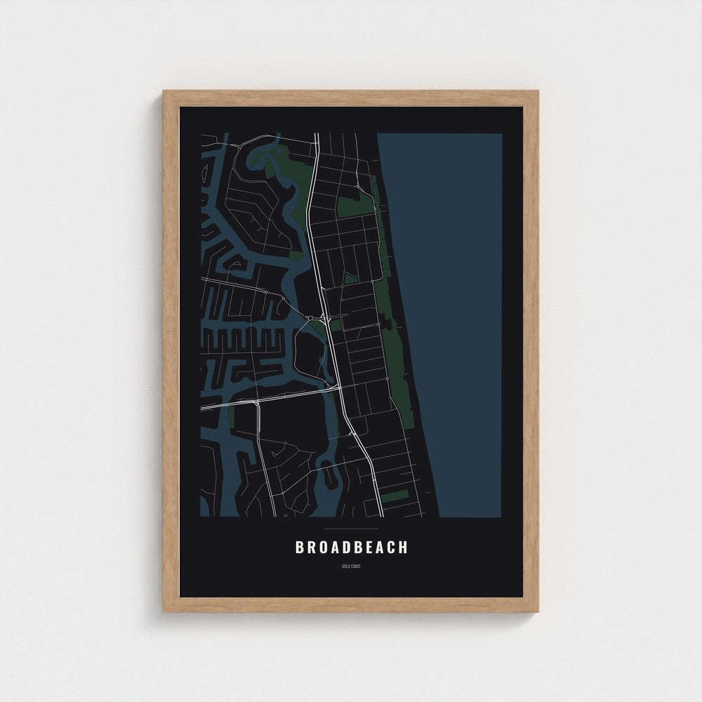 Broadbeach Map poster in a natural wood frame