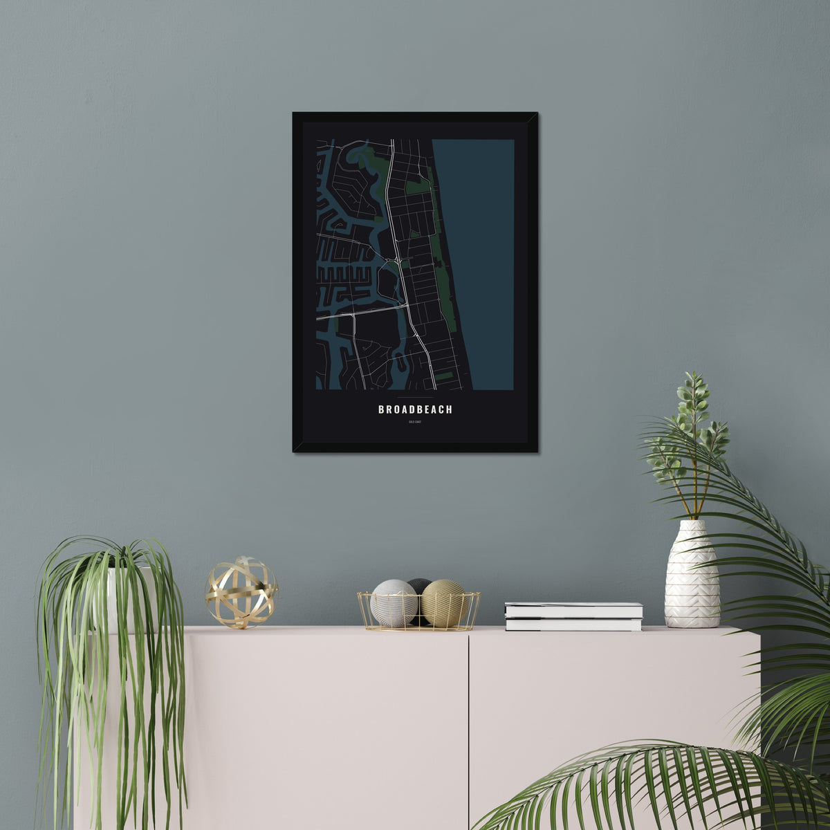 Broadbeach Map poster in a black frame in a living room