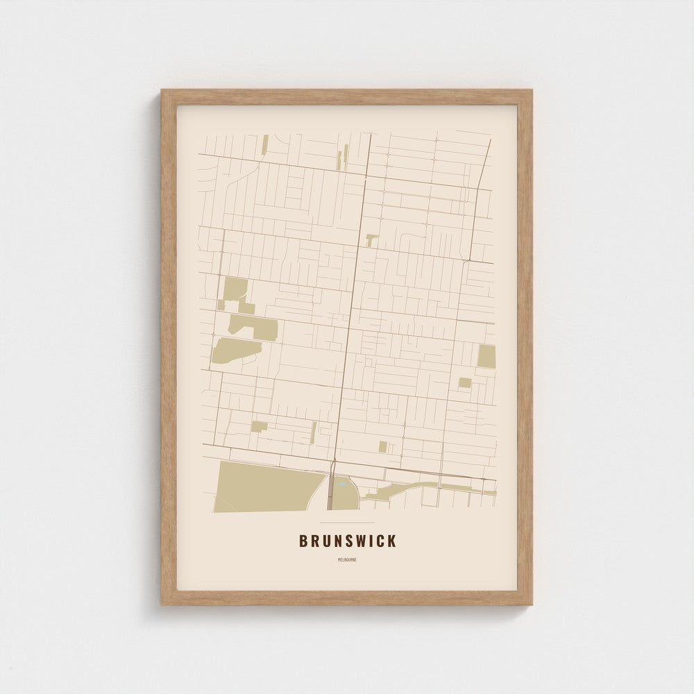 Brunswick Map poster in a natural wood frame