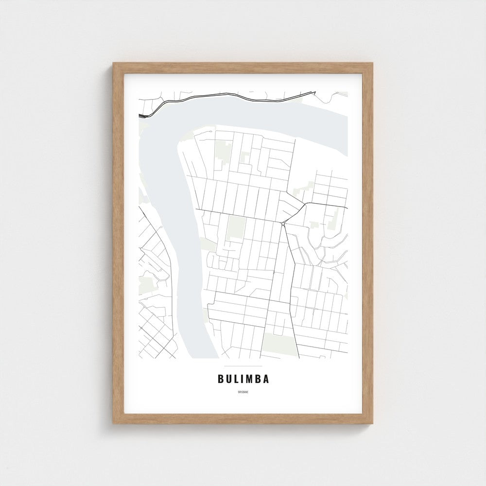 Bulimba Map poster in a natural wood frame