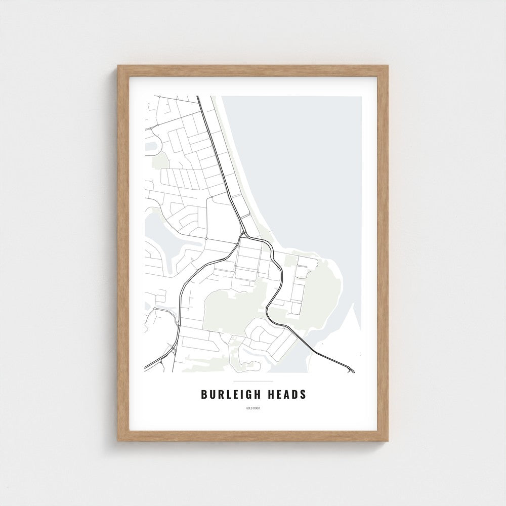 Burleigh Heads Map poster in a natural wood frame