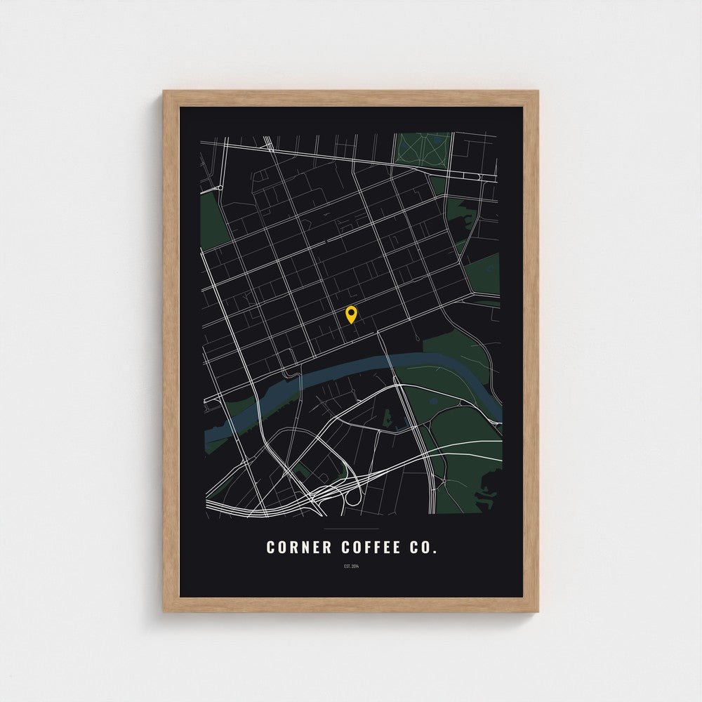 Business Location Map poster in a natural wood frame