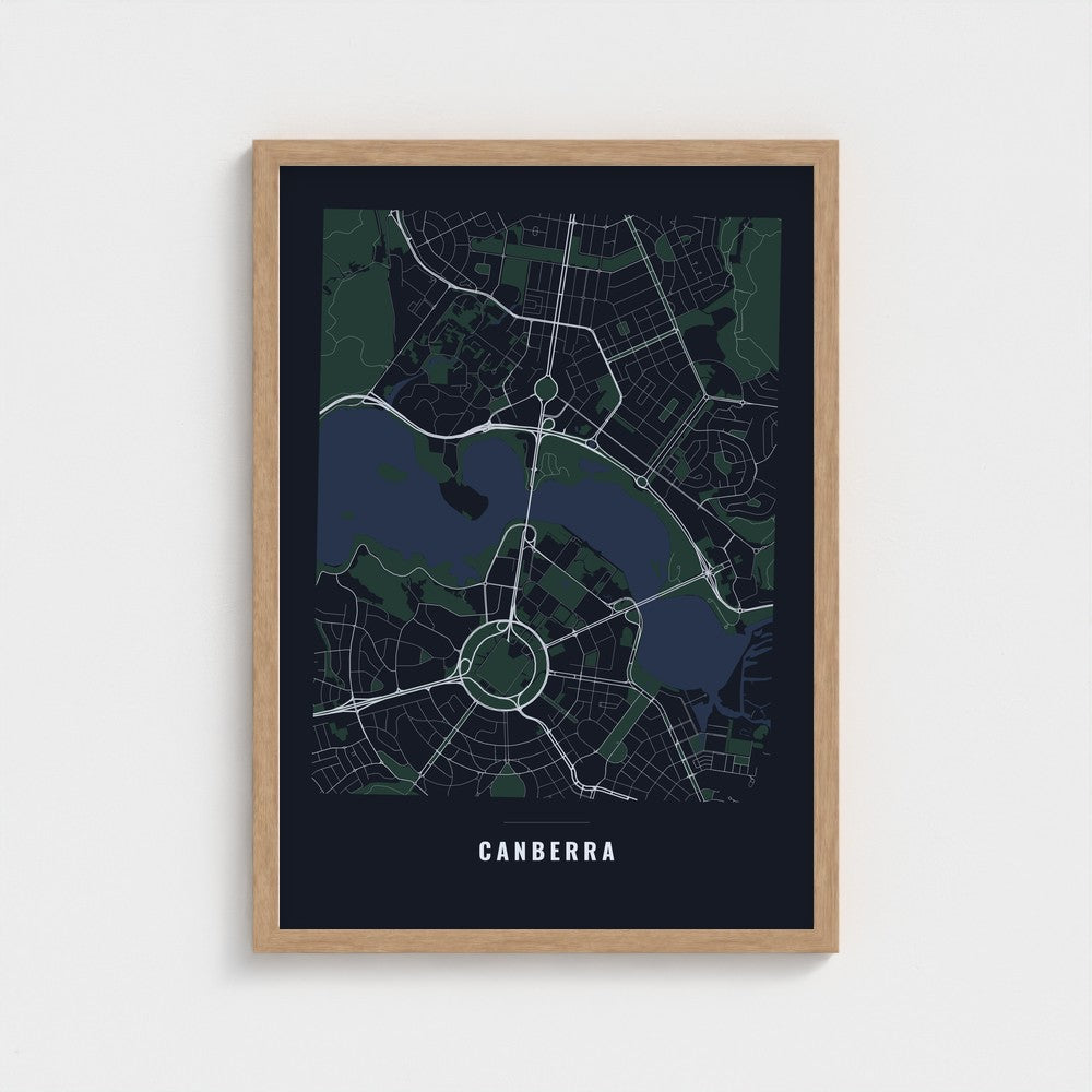 Canberra City Map poster in a natural wood frame