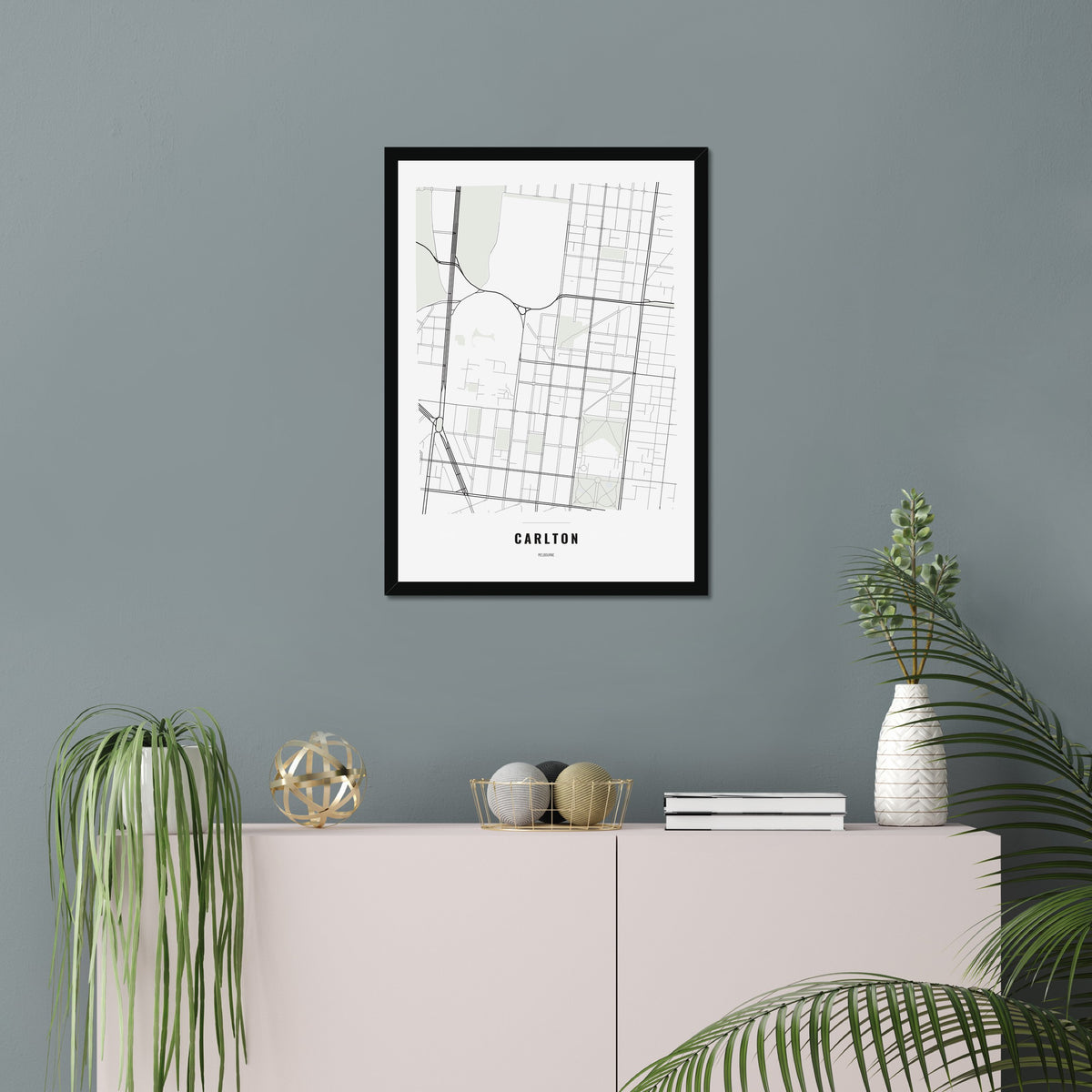 Carlton Map poster in a black frame in a living room