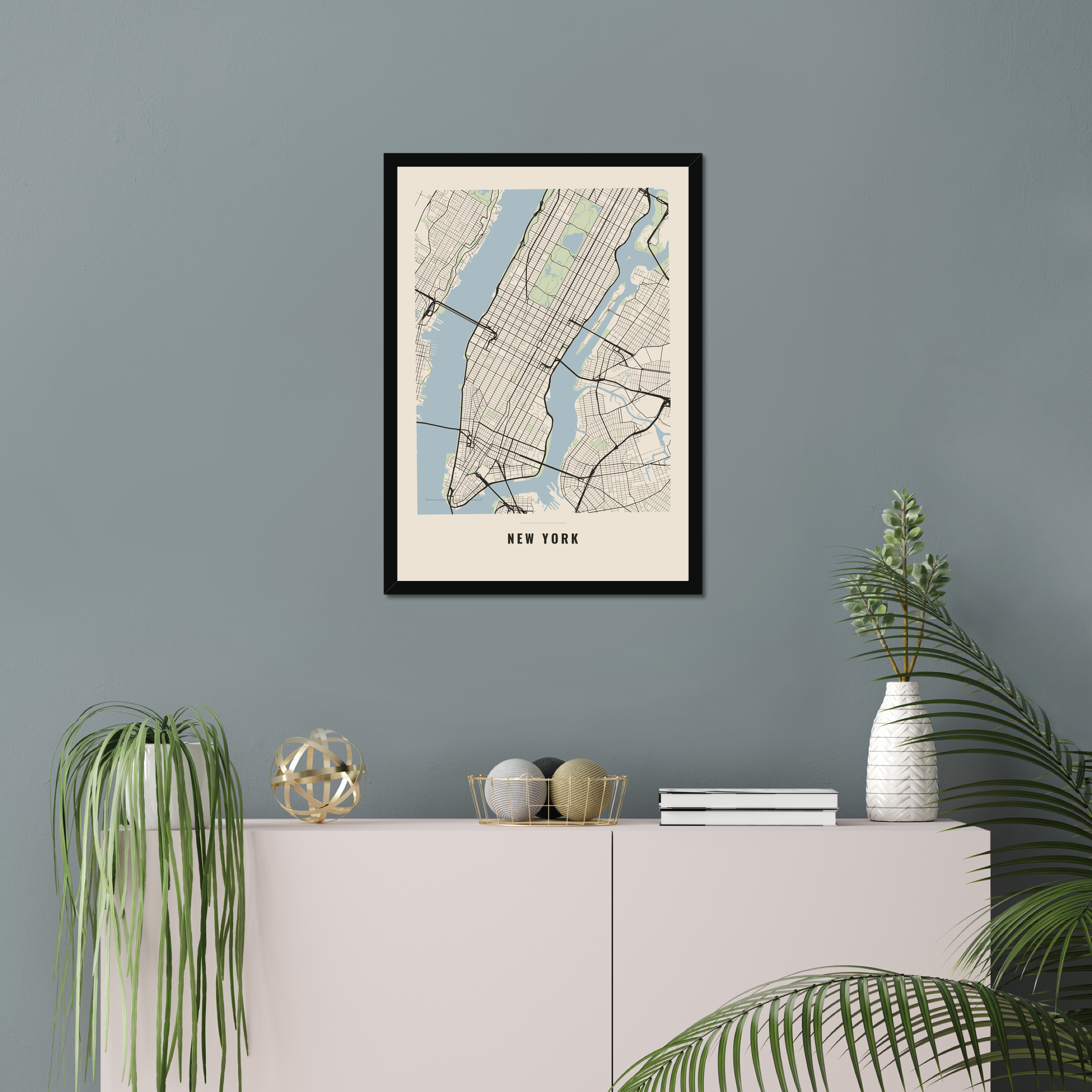 City Map Poster — New York framed in a living room