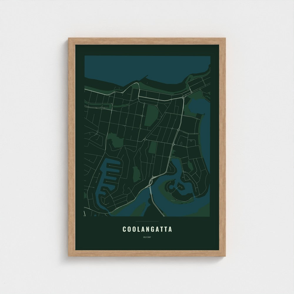 Coolangatta Map poster in a natural wood frame