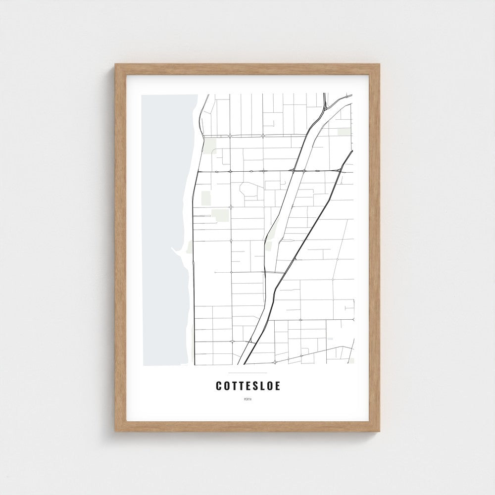Cottesloe Map poster in a natural wood frame