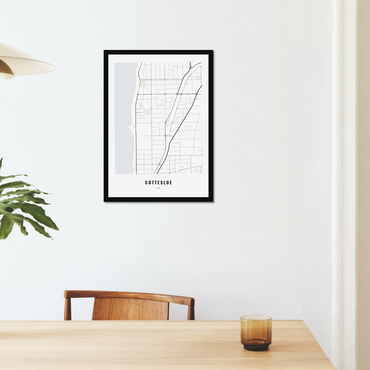 Cottesloe Map poster in a black frame on a dining room wall