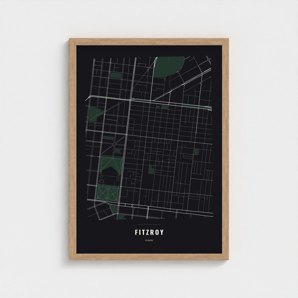 Fitzroy Map poster in a natural wood frame