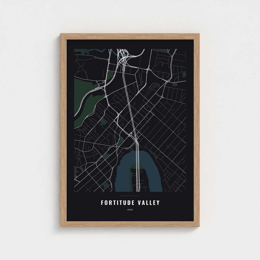 Fortitude Valley Map poster in a natural wood frame