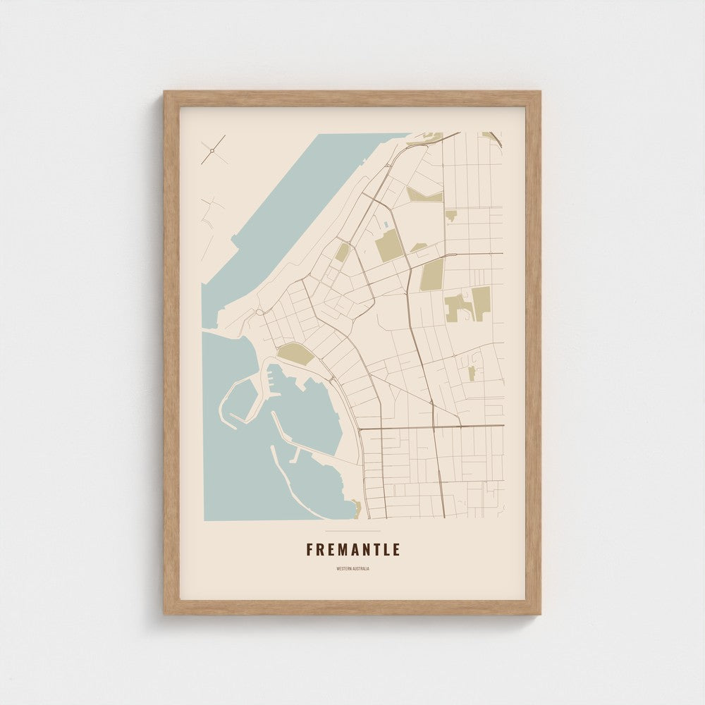 Fremantle Map poster in a natural wood frame