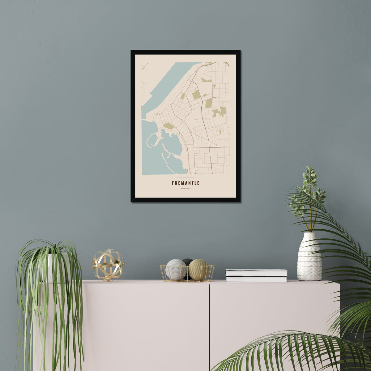 Fremantle Map poster in a black frame in a living room