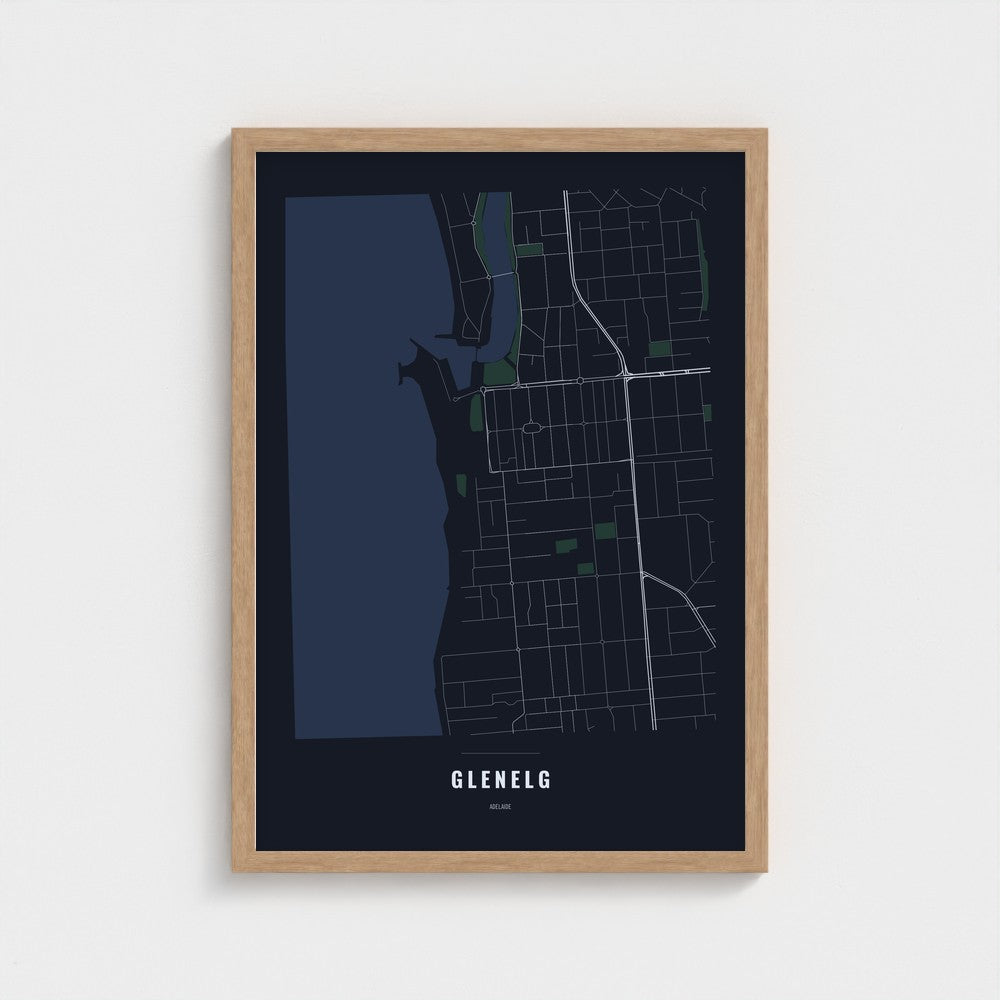 Glenelg Map poster in a natural wood frame