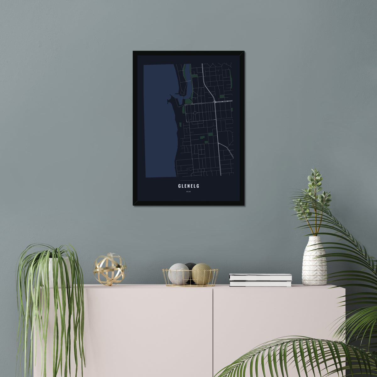 Glenelg Map poster in a black frame in a living room