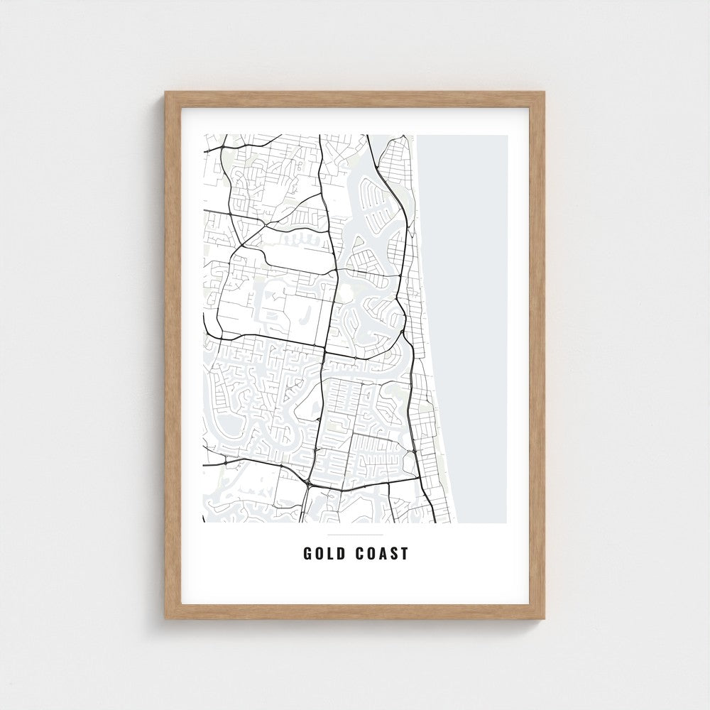 Gold Coast City Map poster in a natural wood frame