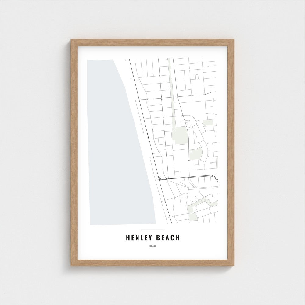 Henley Beach Map poster in a natural wood frame