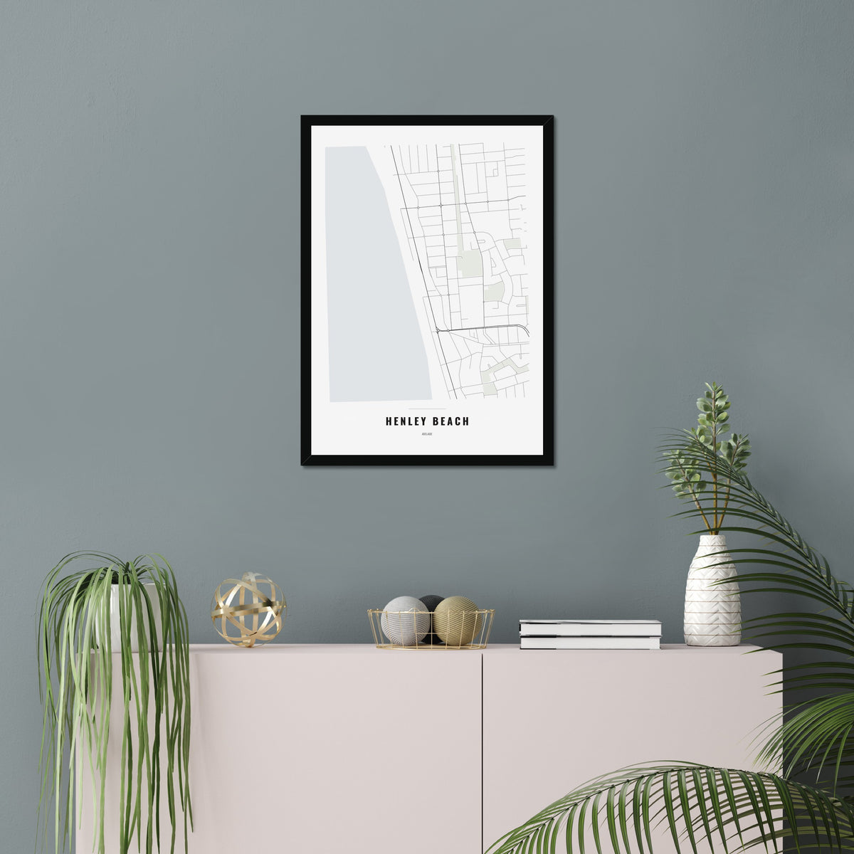 Henley Beach Map poster in a black frame in a living room