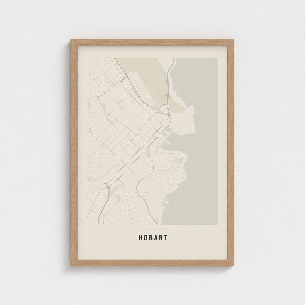Hobart City Map poster in a natural wood frame