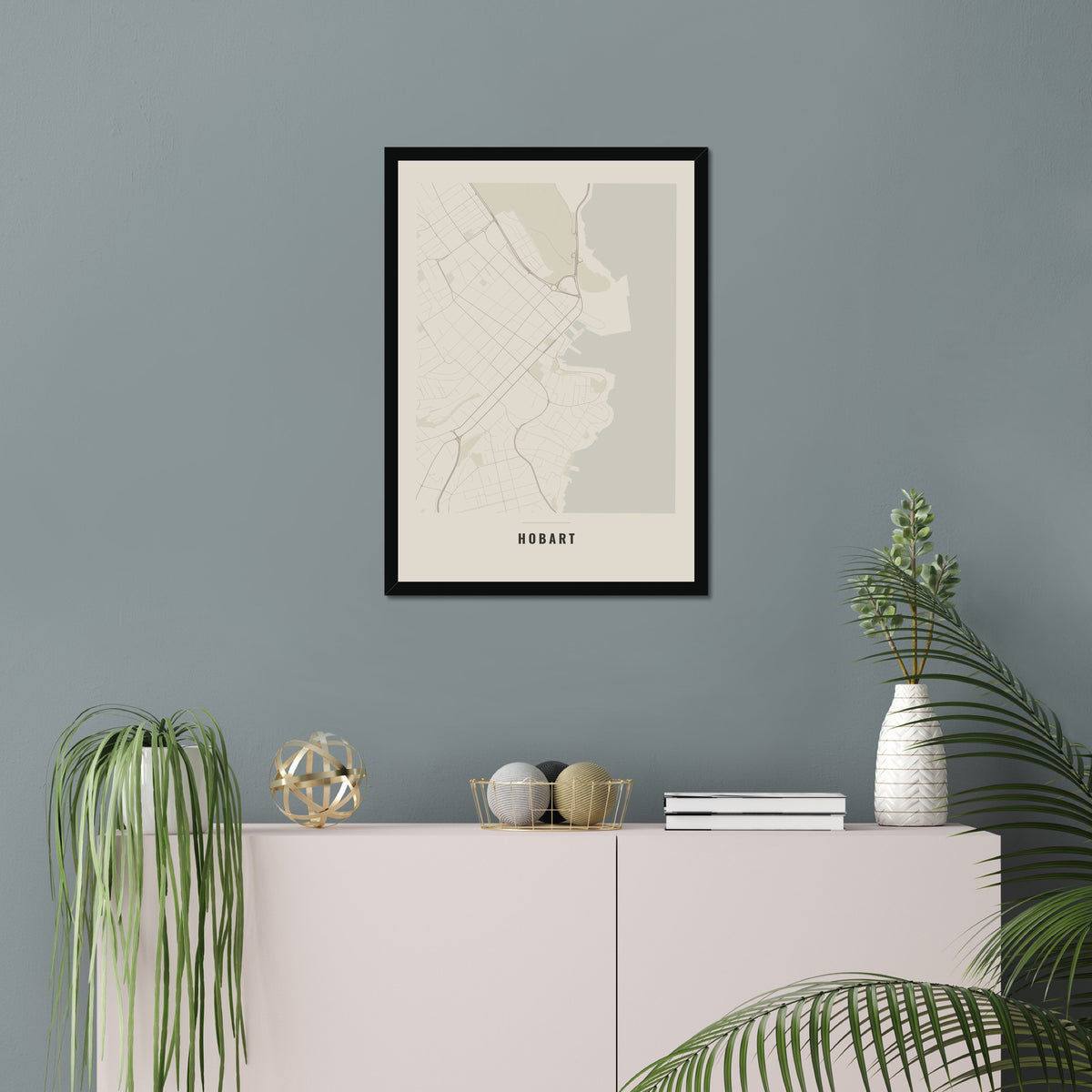Hobart City Map poster in a black frame in a living room