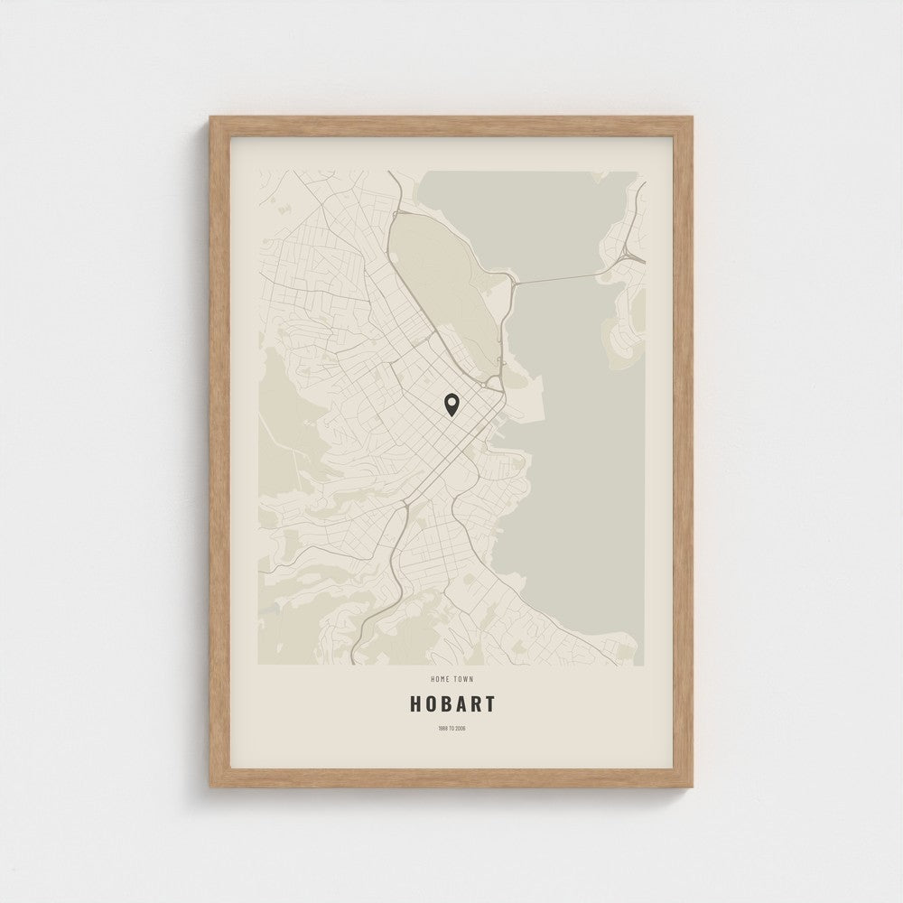Home Town Map poster in a natural wood frame