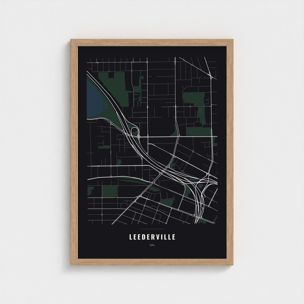 Leederville Map poster in a natural wood frame