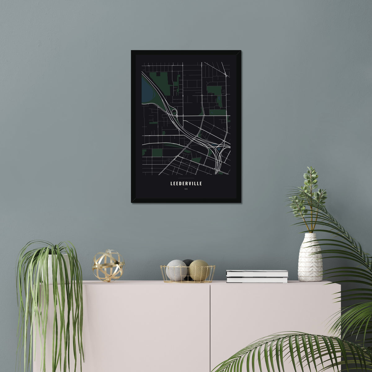 Leederville Map poster in a black frame in a living room