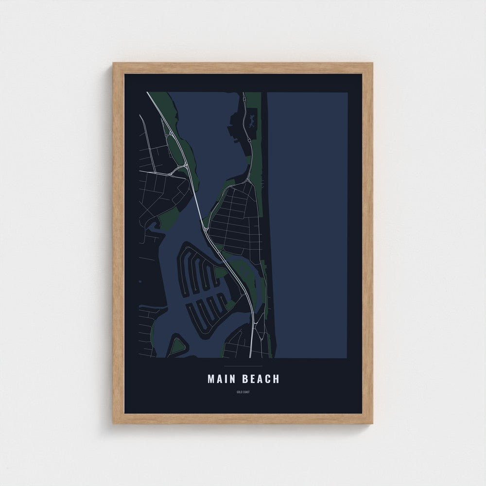 Main Beach Map poster in a natural wood frame