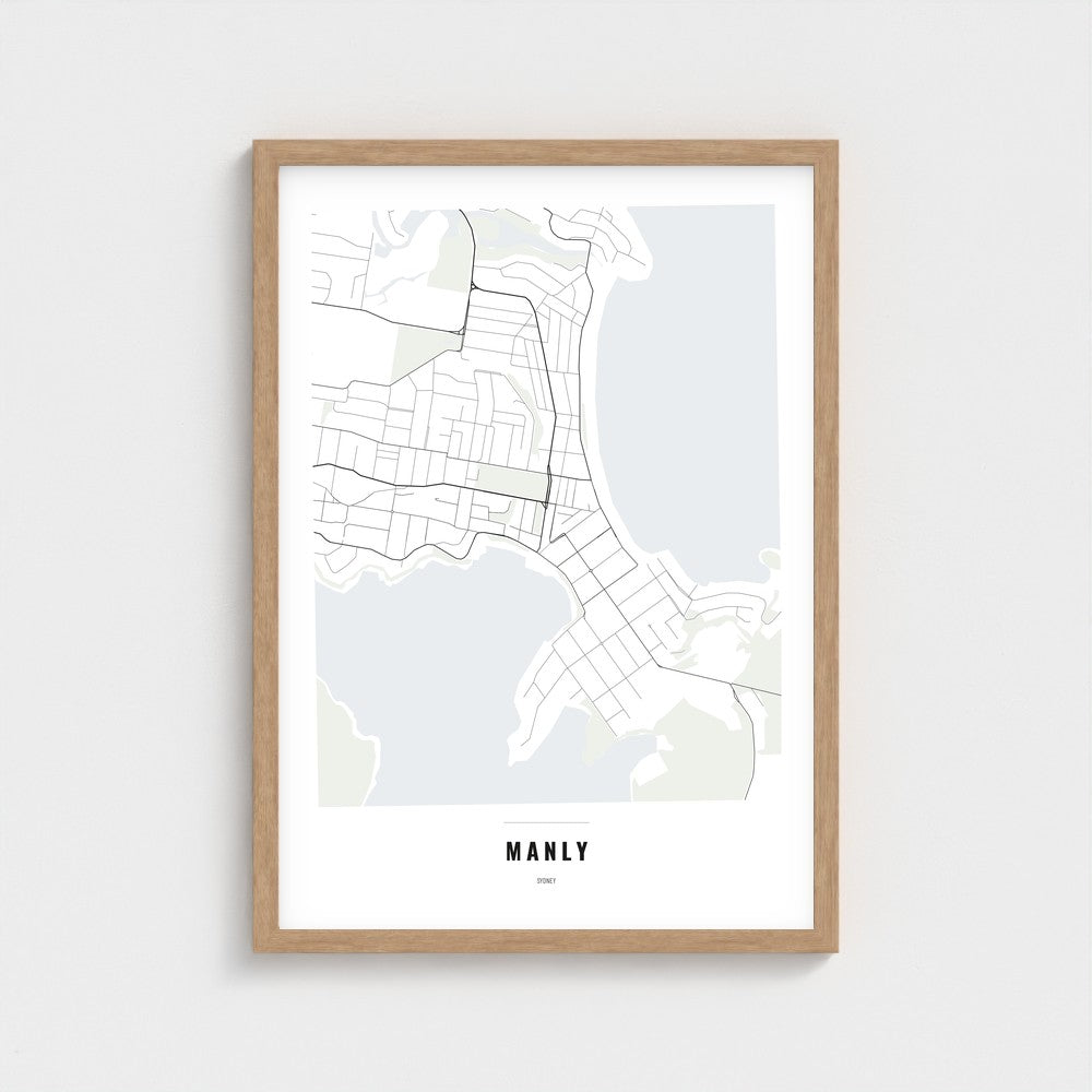 Manly Map poster in a natural wood frame