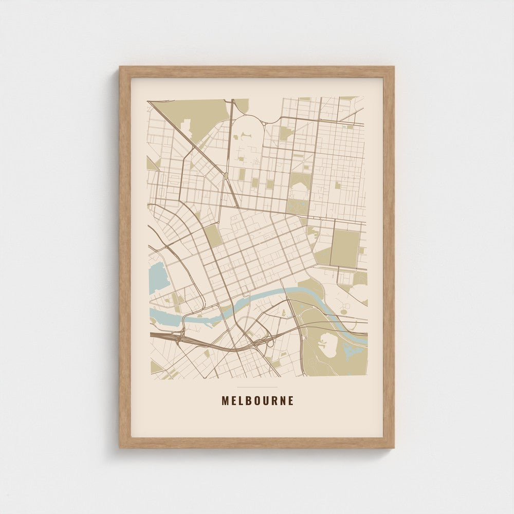 Melbourne City Map poster in a natural wood frame