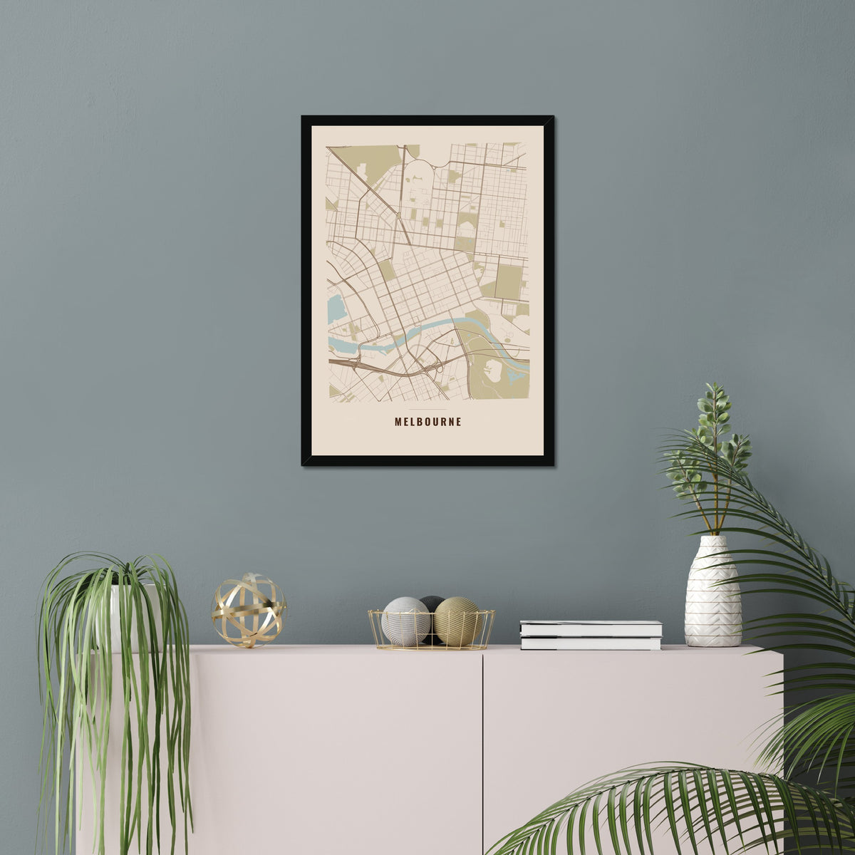 Melbourne City Map poster in a black frame in a living room