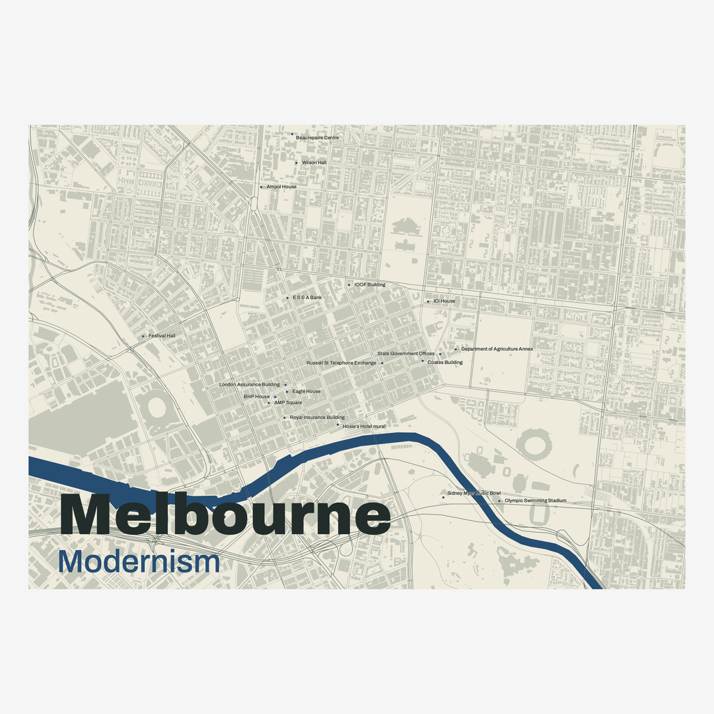 Modernism Melbourne Map — Deep Blue — landscape