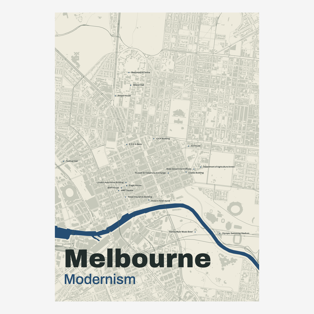 Modernism Melbourne Map — Deep Blue — portrait